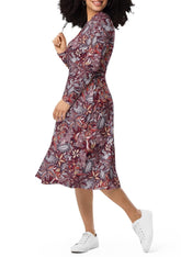 Biei Long Sleeve Midi Fit & Flare Pocket Dress - Dark Abstract Floral Print - Retro All Over Print Paisley Floral Abstract